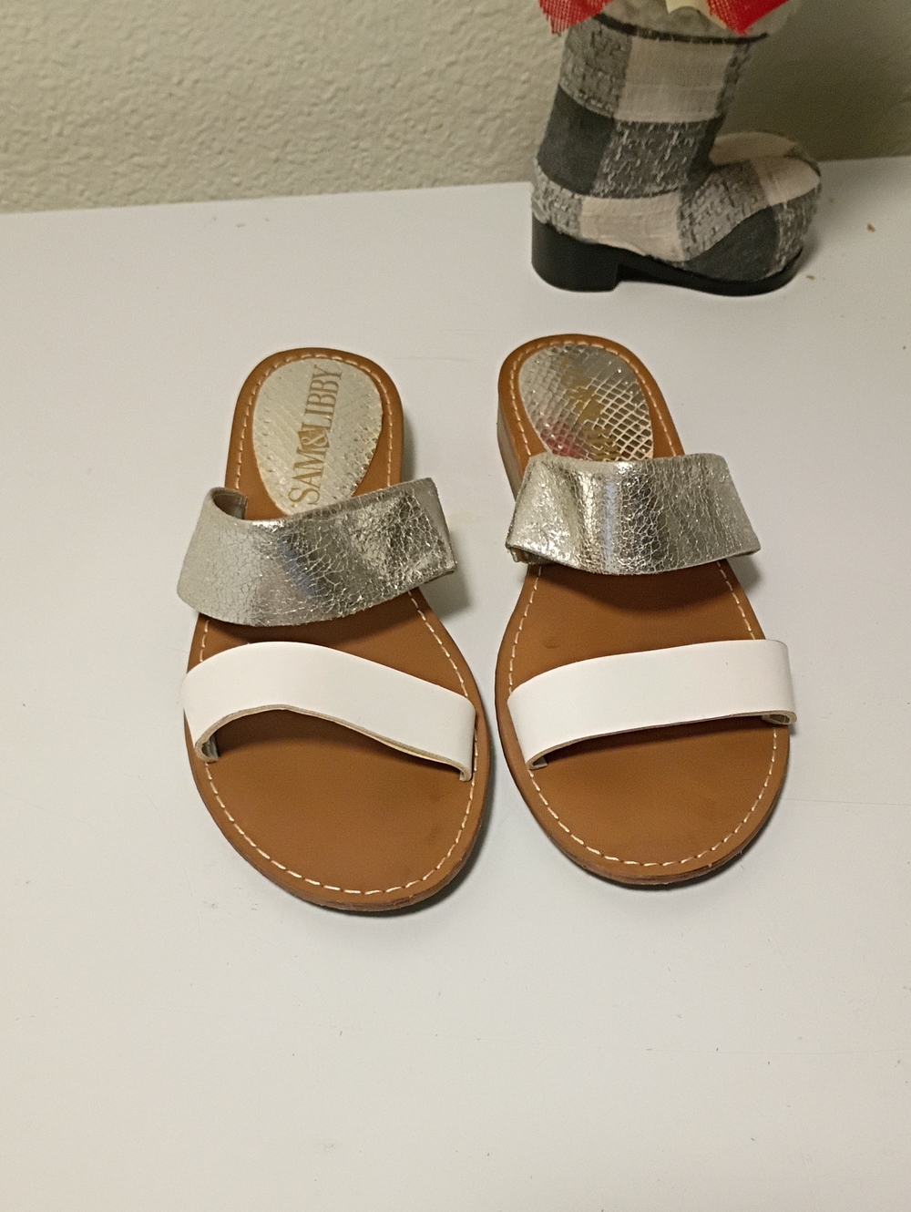 Sam & Libby Silver and White Double Strap Slide Sandals